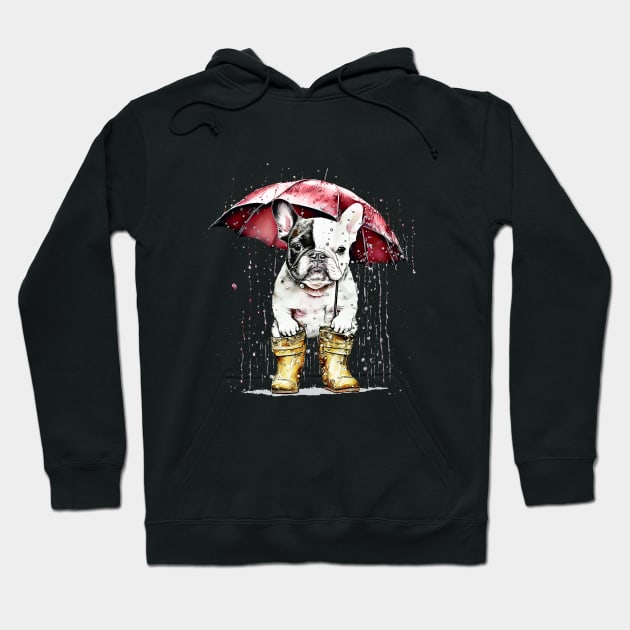 Cute french bulldog under the rain with red umbrella, vintage style, frenchie mon, frenchie dad, frenchie on vintage sun Hoodie by Collagedream